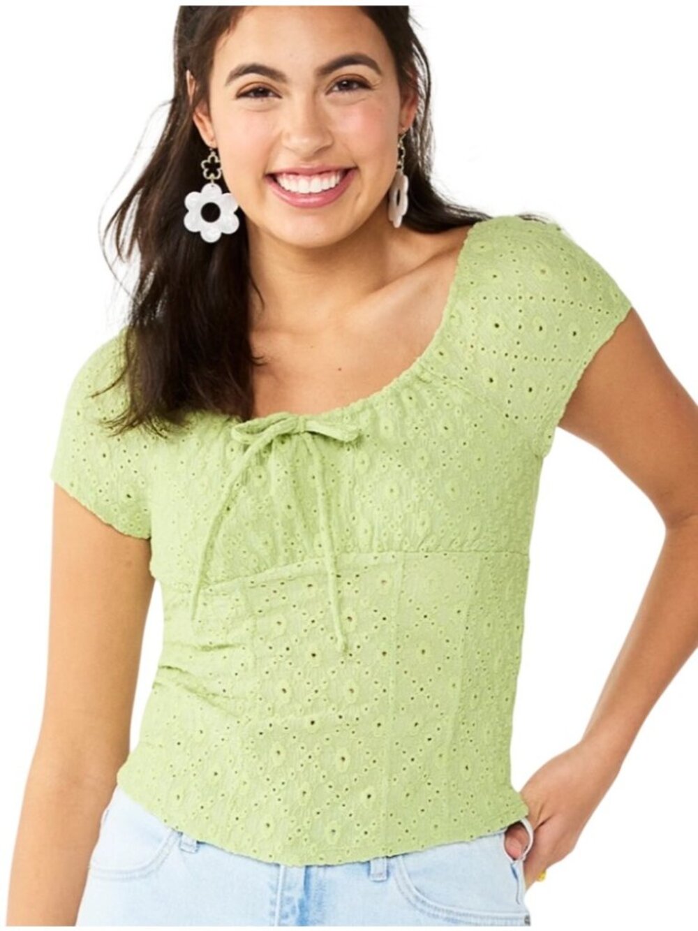 Knit corset milkmaid babydoll Eyelet Top Scoop Neckline & Bow Detail size Large